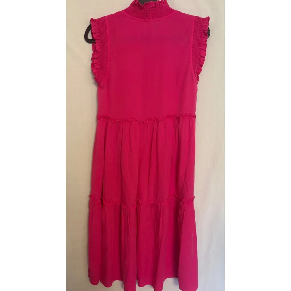 Crown & Ivy XSm Cottagecore Hot‎ Pink Tencel Tiered Ruffle Smocked Midi Dress